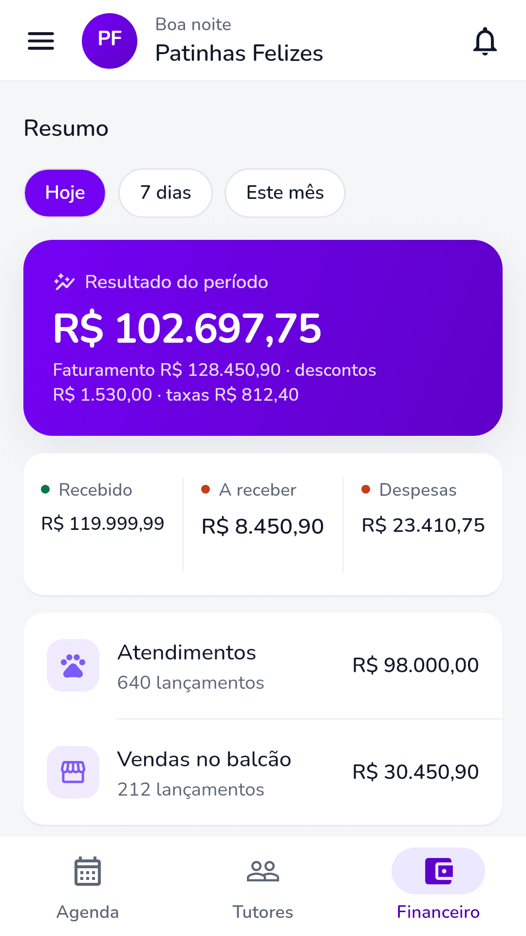 App Gestão Pette: financeiro