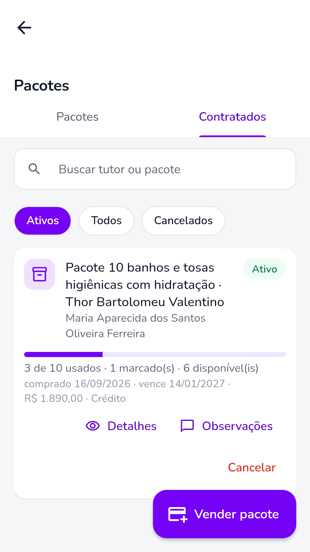 App Gestão Pette: pacotes