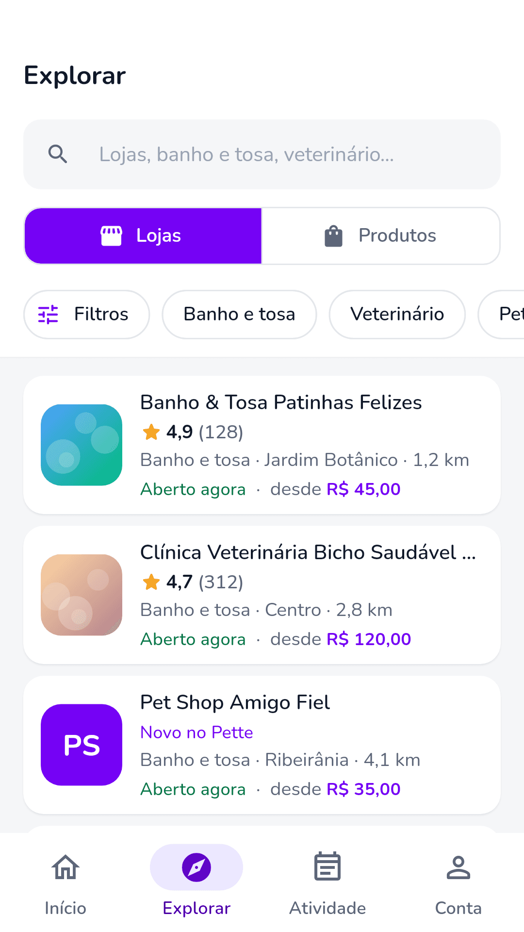 App Pette do tutor: explorar lojas